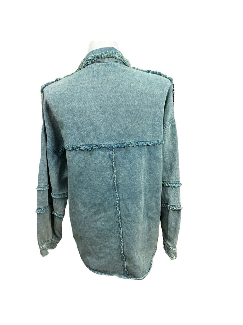 POL Frayed Denim Shacket Jacket Size L Blue Snap Front Distressed Western Style - Picture 6 of 10